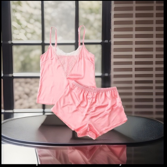 🖤 - Satin Lace Over Chest W/ Adjustable Strips Cami Top & Short Pajama 2Pc Set - Picture 1 of 8